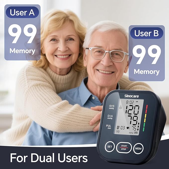 Sinocare Blood Pressure Monitor, Upper Arm BP Machine for Home, Adjustable Cuff 8.6"-16.5", One-Button Operation, Dual User Mode, Posture Detection & Irregular Heartbeat Alert, Black