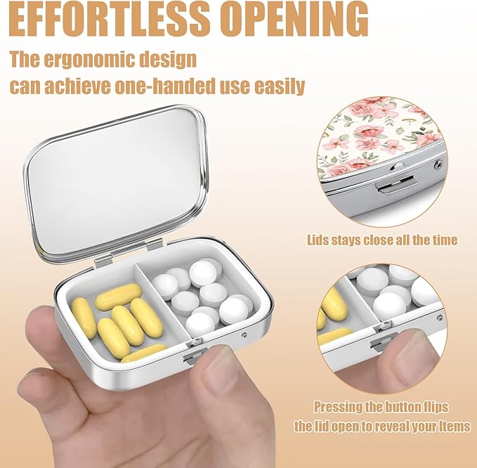 Pill Box-2 Compartment Small Pill Case Square Organizer Case with Mirror Portable Metal Medicine Box Travel Container for Pocket & Purse Women Men(Pink Spring Floral)