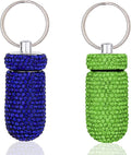 GOUWEIBA 2 Pieces Bling Pill Container Portable Pill Bottle Case Waterproof Travel Medicine Box Crystal Diamond Mini Pill Holder Storage with Keychain for Outdoor Camping Traveling (Blue, Green)