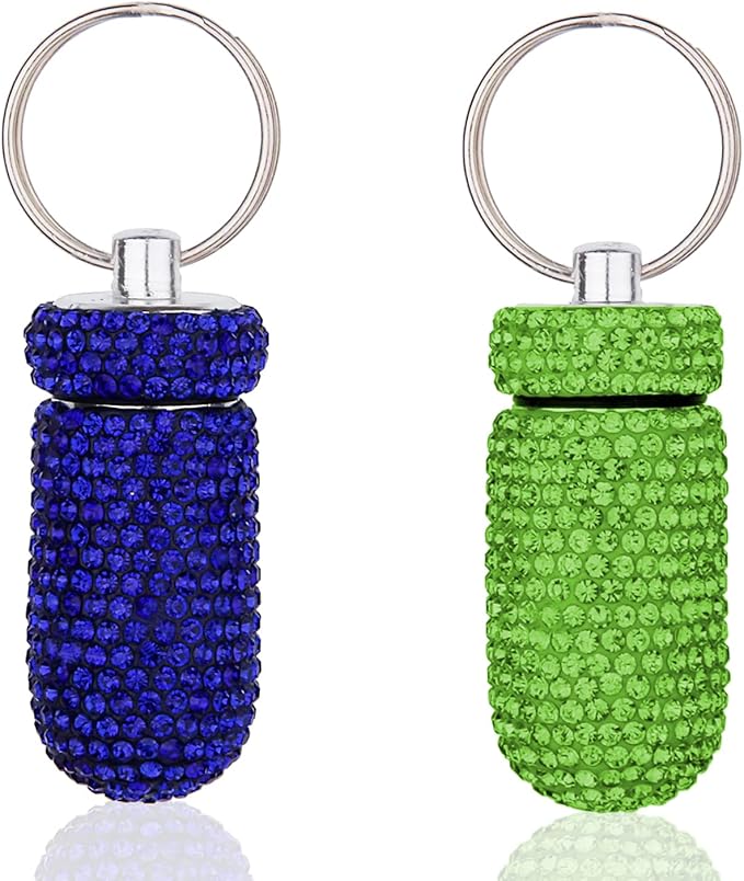 GOUWEIBA 2 Pieces Bling Pill Container Portable Pill Bottle Case Waterproof Travel Medicine Box Crystal Diamond Mini Pill Holder Storage with Keychain for Outdoor Camping Traveling (Blue, Green)