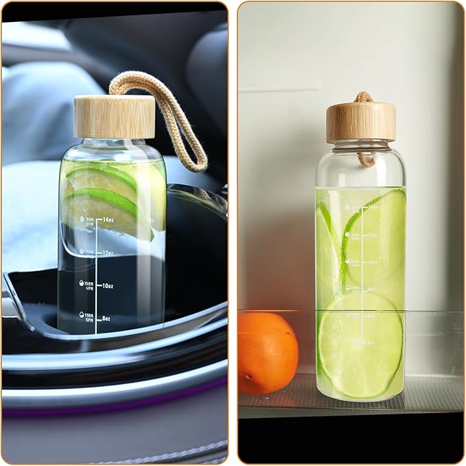 Glass Bottles with Lids and Time Marker, Glass Water Bottles with Carrying Strap, 17oz Glass Bottles for Juicing for Office, Gym