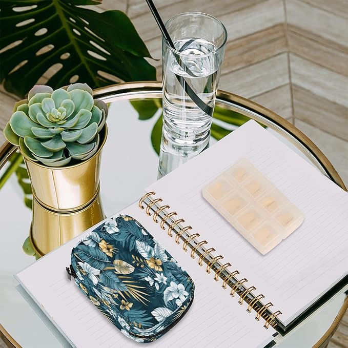 Tropical Floral Leaves Flower Travel Pill Organizer Box Weekly Portable Pill Case Daily Pills 7 Day Small Birth Control Pills Container Removable Compartments for Medicine Vitamins Fish Oil