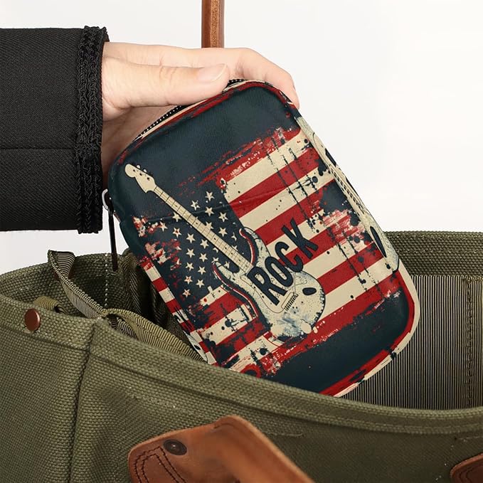 American Flag Music Guitar Travel Pill Organizer Box Weekly Portable Pill Case Daily Pills 7 Day Small Birth Control Pills Container Removable Compartments for Medicine Vitamins Fish Oil