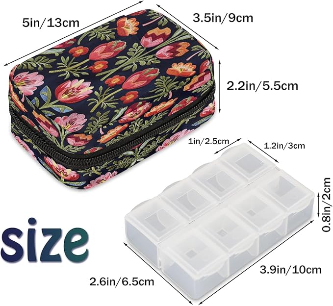 Weekly Travel Pill Organizer Case for Purse with Removable 7 Day Box Portable Compact Size Pill Box Fashionable Pill Container for Medicine Vitamin Supplement Flower Floral Red