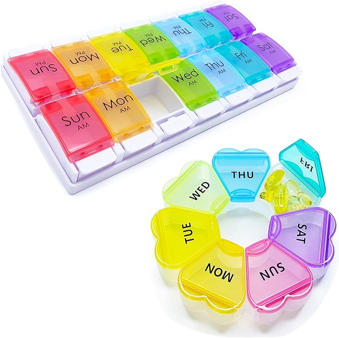 (2 in 1) MOLN HYMY Pill Boxes and Organizer 2 Times a Day and Floral Weekly Pill Organizer 7 Day Circle