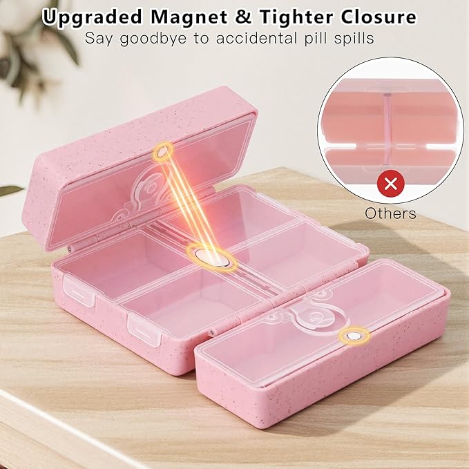 FYY Travel Pill Organizer with Blank Lables,6 Compartments Magnetic Pill Organizer Pill Box for Purse Pocket to Hold Vitamins,Cod Liver Oil,Supplements and Medication-Pink