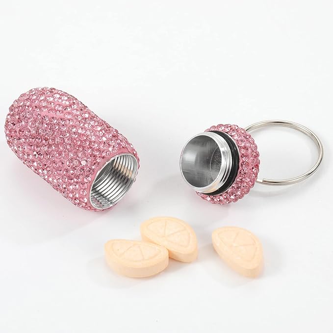 Bling Pill Case Portable Travel Pill Container Bottle Rhinestone Waterproof Small Pill Holder with Keychain Cute Mini Pill Storage Box for Outdoor Camping (White Pink Purple)