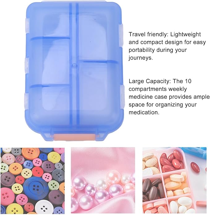 Travel Pill Organizer, 10 Compartments Pill Cases Waterproof Plastic Pill Box Small Medicine Organizer with Buckle Lock Weekly Portable Medicine Container for Purse(Blue)