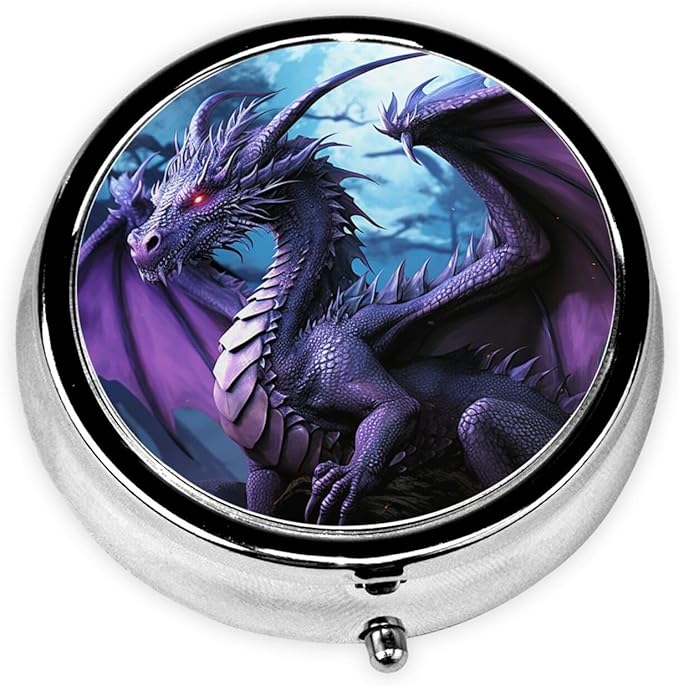 Purple Dragon Purple Moon Print Pill Box 3 Compartment Small Pill Case Portable Pill Box for Pocket Or Purse Cute Medicine Organizer Holder to Hold Vitamins Medication