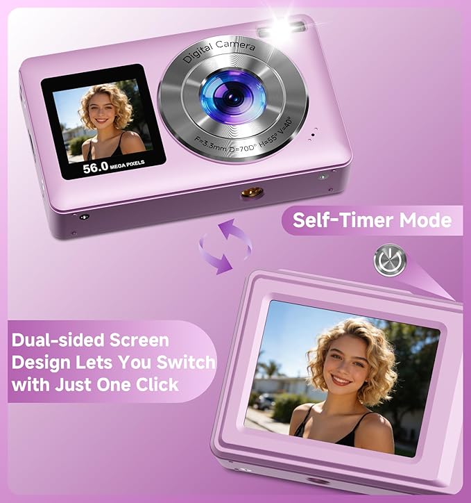 Compact Camera,56MP Dual-Screen Digital Camera for Teens with Auto Focus,Smile Capture,Anti-Shake,16X Zoom,32GB SD Card Camera Digital Gift for Boys Girls Teens