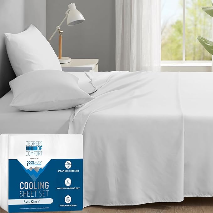 Degrees of Comfort Coolmax® Cooling Bed Sheets King Size for Hot Sleepers, Moisture Wicking Sheet Set for Night Sweats, Deep Pocket, Ultra Soft, Cozy for All Seasons, White 4 Pieces