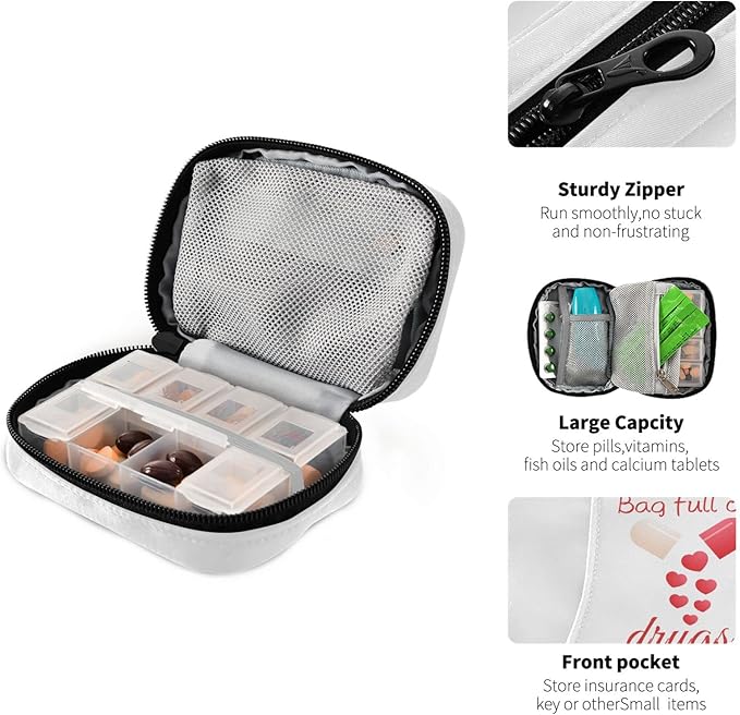 Pill Organizer Pill with Hearts Pill Box 7 Day Pill Case Bag Travel Pill Organizer Bag with Zipper Portable Weekly Case Compact Size for Vitamin Supplement Holder