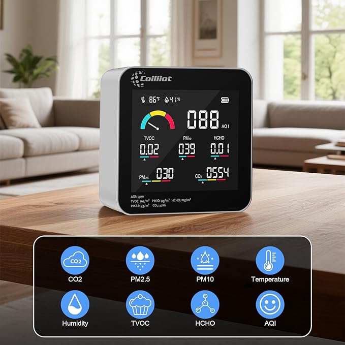 Air Quality Monitor Indoor – CO2 Detector, VOC Meter and AQI Tester Tracks TVOC, HCHO, PM2.5 & PM10 with Temperature & Humidity Sensor for Home Office (White)