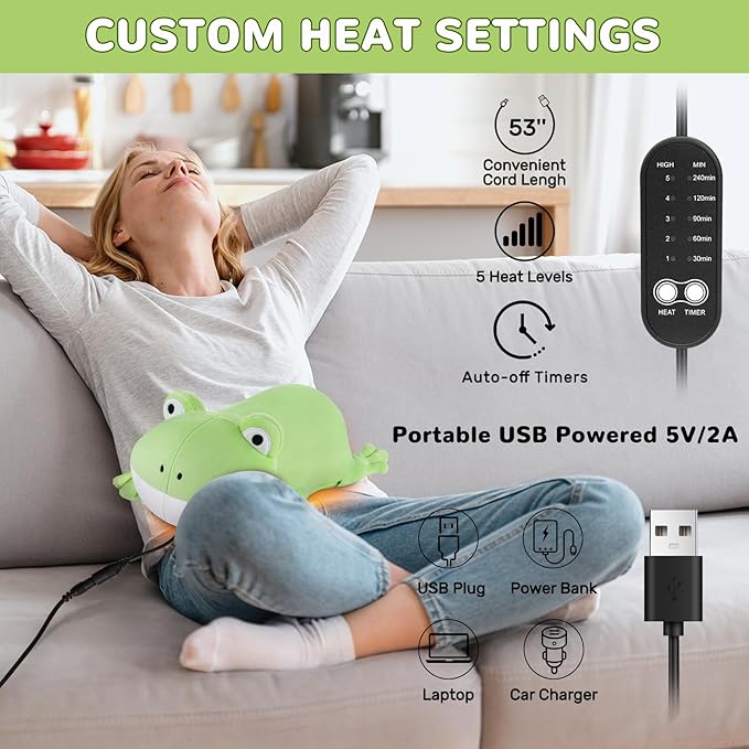 Frog Heating Pad for Period Cramps Menstrual Pain Relief, Portable Electric Heat Pads USB Powered, Cute Frog Plush Stuffed Animals Gift, Funny Frogs Gifts for Women Teen Girls Birthday Christmas