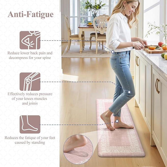 LEEVAN Pink Kitchen Mat Sets of 2,Anti Fatigue Cushioned Memory Foam Kitchen Mats for Floor,Farmhouse Ergonomic Waterproof Cute Boho Kitchen Floor Mat,Sink,Laundry,Home,Office(17''x29''+17''x47'')