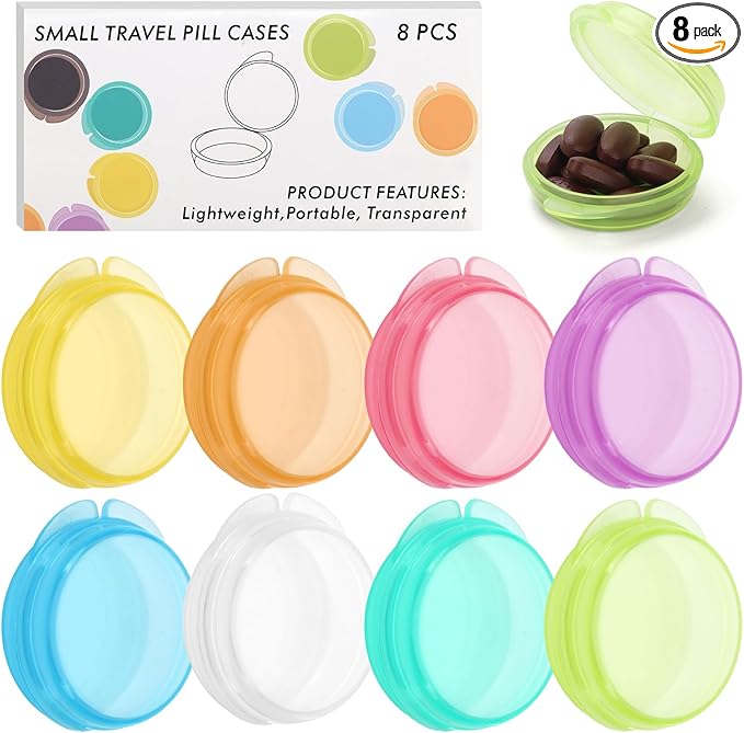 Small Pill Case,8 Pack Travel Round Pill Boxes,Portable Mini Daily Pill Organizer Container,Tiny Medicine Storage for Pocket Purse,Clear Compact Caddy Dispenser for Vitamin, Cod, Liver Oil - Colored
