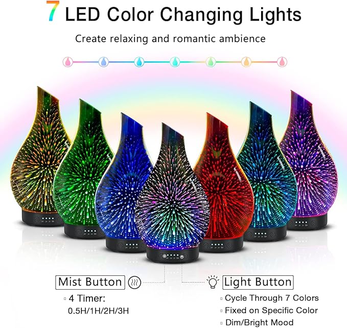 Essential Oil Diffuser Aromatherapy Diffuser - Art Glass Oil Diffuser with Auto Shut-Off Protection 4 Timer Setting 7 Colors Changed LED Night Light for Home Office Decor Gift (3D Fireworks)