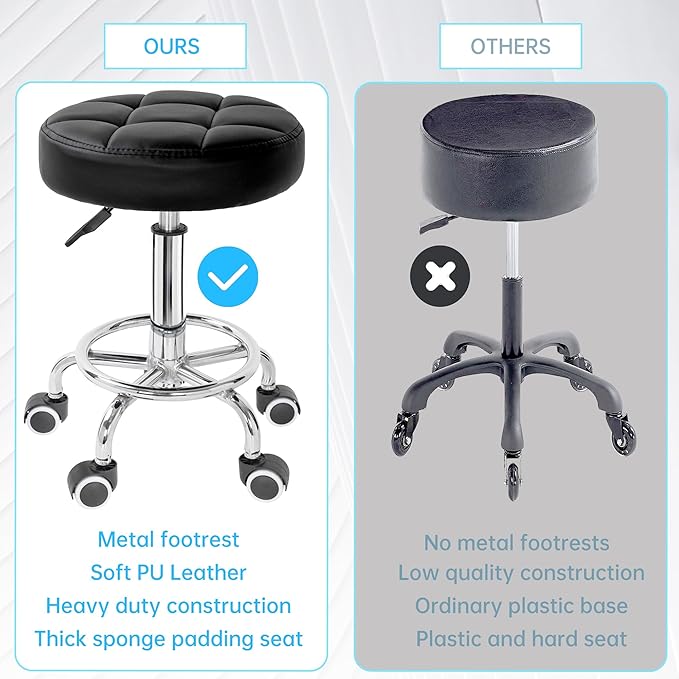 PU Leather Rolling Stool Height Adjustable Round Swivel Stools for Spa Salon Massage Work Chair with Foot Rest Black