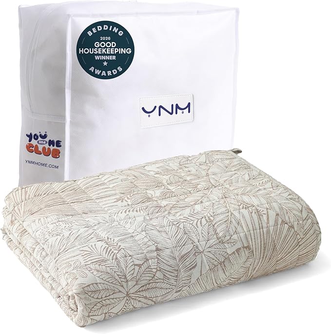 YnM King Size Linen Weighted Blanket for Adults (88x104 Inches, 30 Pounds, Palm Tree), Exclusive Smallest Compartments, Heavy Bed Blanket for Two Persons of 140~240lbs on Queen or King Bed