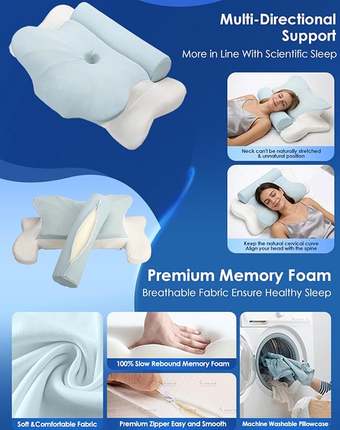Cervical Pillow for Neck Pain & Side Sleepers Patented Ergonomic Memory Foam Pillow – Adjustable Height for Back & Side Sleeping, Anti-Snoring (Blue+White, 130-175 lbs)