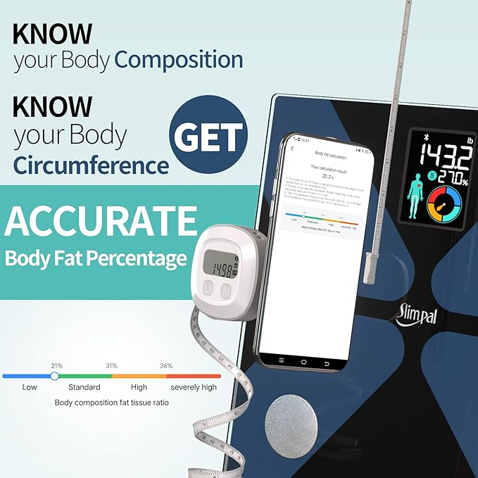 Slimpal Body Fat Measuring Tape and Smart Scale for Body Weight and Fat with APP Digital Bathroom Scale for Weight Loss, Body Composition and Circumference Analyzer