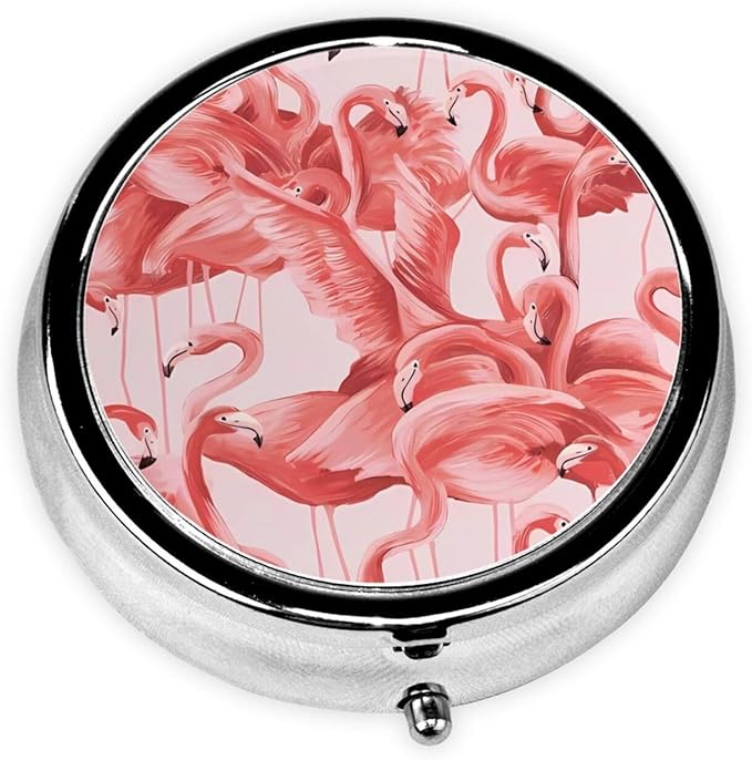 Flamingo Printed Round Travel Pill Box Cute Small Metal Pocket Pill Case for Men & Women 3 Compartment Portable Pill Organizer for Purse or Pocket