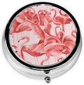 Flamingo Printed Round Travel Pill Box Cute Small Metal Pocket Pill Case for Men & Women 3 Compartment Portable Pill Organizer for Purse or Pocket
