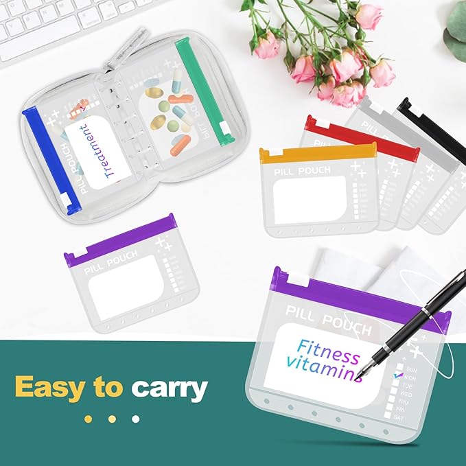 A7 Waterproof Pill Organizer with 7 PCS L Size Zippered Pill Pouches for A7 Binder, Large BPA-Free Weekly Medicine Organizer, Color-Coded Reusable Travel Pill Storage System