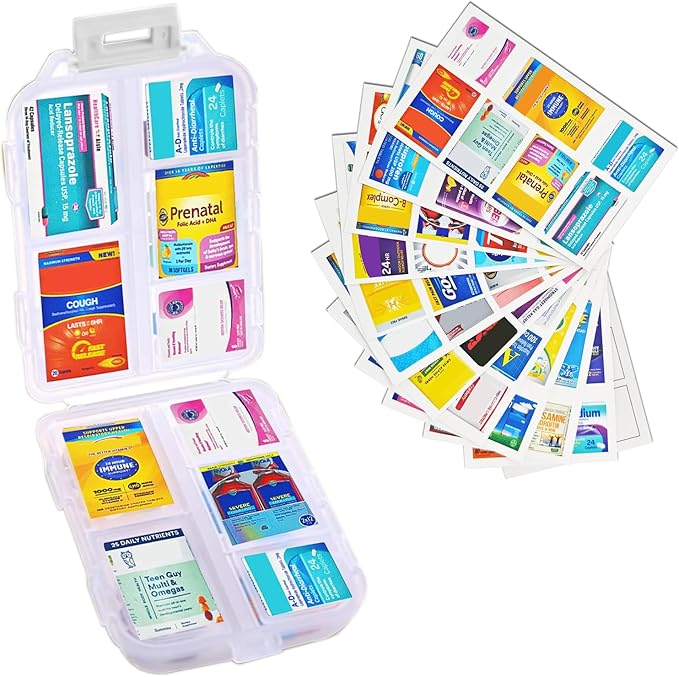 INVODA 7-Day Pill Organizer with Medicine Labels Travel Pill Case Compact, Portable Medication Organizer for Daily Use (3.7 x 2.4 x 1.18 Inches)