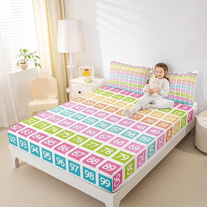 Feelyou Kids Numbers Fitted Sheet Twin Size, Educational Bed Sheet Set Boys Girls Learning Bedding Set Kindergarten Teens Bedroom Decor 2Pcs (No TOP Sheet)