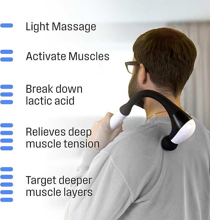 Westinghouse Long Handle Curved Massage Gun for Neck & Shoulder Pain, Rechargeable, Up to 5 Hours of Battery, 4 Head Attachments, 5 Percussion Massage Speed Levels, Deep Tissue Self Massager