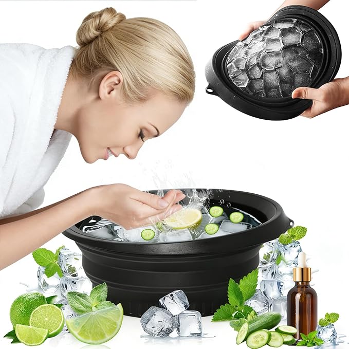 Face Tub for Ice Bath with Built-in Ice Tray – Collapsible Silicone Facial Ice Bath Bowl for Cold Plunge Therapy, Skin Tightening & Acne Relief – Portable Spa Tool for Home & Travel (Black)