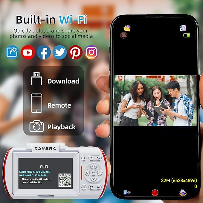 4K Digital Camera for Photography Autofocus,64MP WiFi Vlogging Camera with 3” 180° Flip Screen for YouTube,18X Zoom Travel Camera for Beginners,32GB Card & Rechargeable Battery (White)