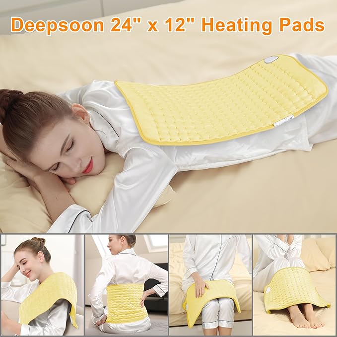 Deepsoon Heating Pad,Electric Heating Pads for Back,Neck,Abdomen,Moist Heating Pad for Shoulder,Knee,Arms,Legs,Dry/Moist Heat & Auto Shut Off,Christmas Gifts for Men and Women,Light Yellow,24x12 Inch