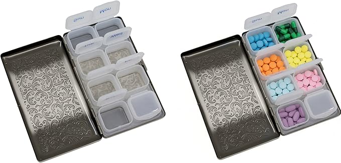 Set of 2 Metal-Plated Weekly (7-Day) Pill Box Case & Portable Medicine Organizer (Large Antique Silver)