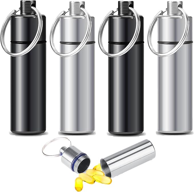 4pcs Metal Pill Case with Keychain - Waterproof Travel Pill Organizer, Portable Medicine Container for Outdoor Camping