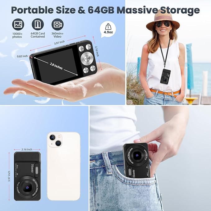 64MP 4K Digital Camera, Hoestr 18X Zoom Autofocus Point and Shoot Compact Camera with 64GB TF Card, Flash, 2.8" LCD Screen for Teens Adult Beginner Travel Photography Vlogging（Black）