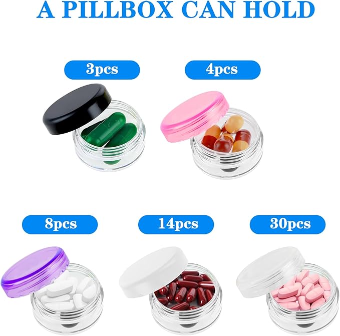 Small Pill Organizer Box, 5 Pcs Travel Pill Cases Holder Portable Daily Pill Container No BPA Mini Medicines Storage Container for Purse Pocket Briefcase (Purple/Rose Red/White/Black/Clear)
