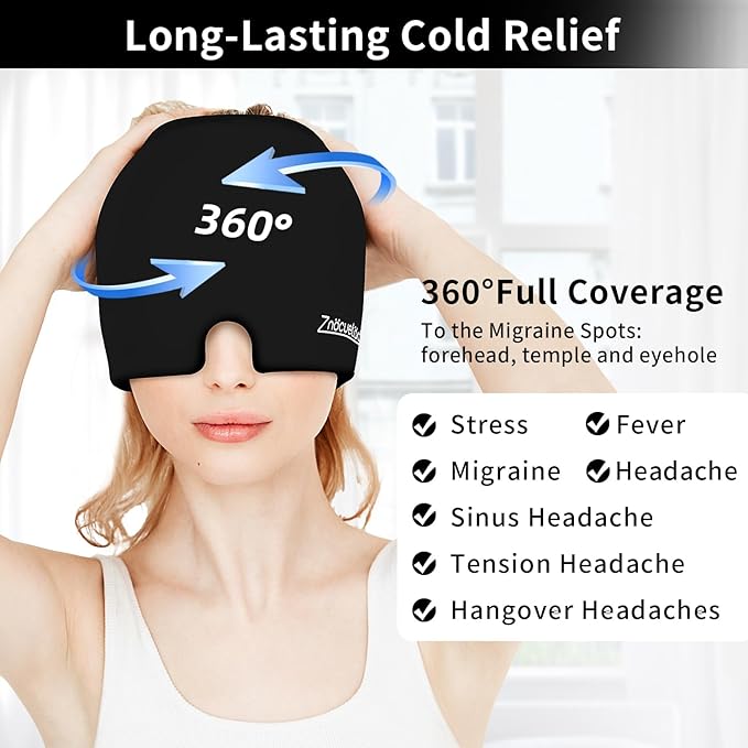 ZNÖCUETÖD Migraine Headache Relief Cap Hat Full Head ice Pack Wrap Cooling Gel Ice Beanie Hot/Cold Compress Hangover Cap for Sinus, Stress, Tension, Head Pain Relief, Gift for Women Men