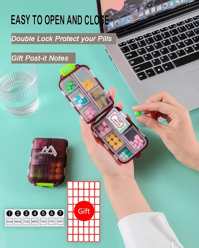 M MUchengbao Travel Pill Organizer Pocket Pharmacy ，with 3 Types of Labels 10 Compartments Small Fold Pill Box BPA-Free Daily Travel Pill Case Medicine Organizer for Store (Red)