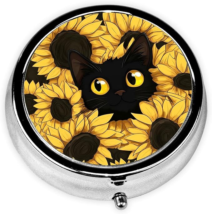 Sunflower Cat Pill Box 3 Compartment Small Pill Case,Portable for Pocket or Purse Pill Organizer Pill Container Holder with Mirror to Hold Vitamins, Medication, Fish Oil and Supplements