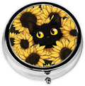 Sunflower Cat Pill Box 3 Compartment Small Pill Case,Portable for Pocket or Purse Pill Organizer Pill Container Holder with Mirror to Hold Vitamins, Medication, Fish Oil and Supplements
