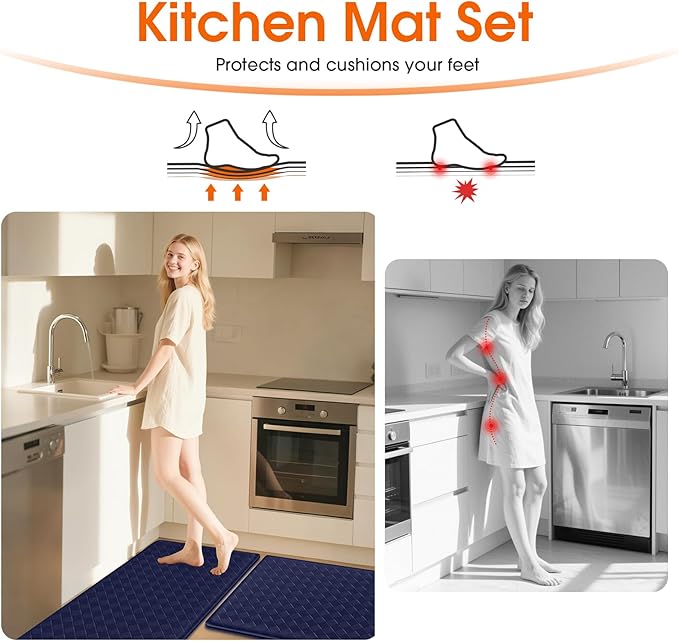 Kitchen Mats, 2PCS Kitchen Rugs, Cushioned Anti Fatigue Kitchen Mats for Floor, Non-Slip Standing Desk Mat, Waterproof Kitchen Rug Set for Kitchen, Floor, Office,17.3"×30"+17.3"×47",Blue