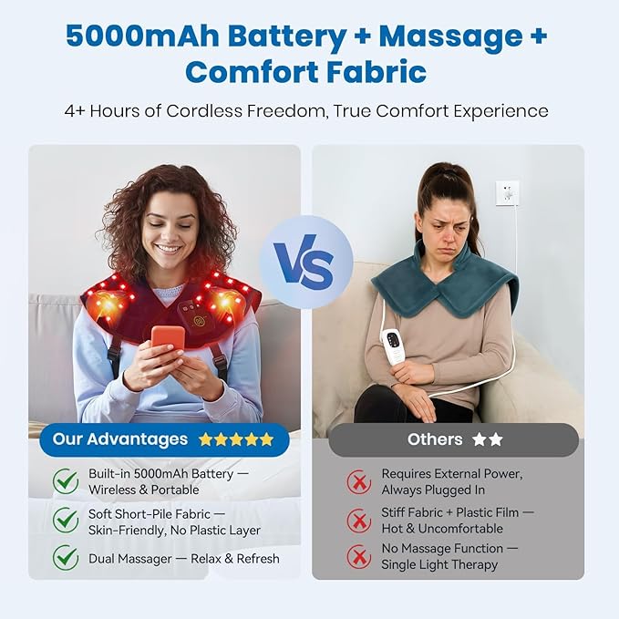 Cordless Red Light Therapy for Neck Shoulder Pain Reilef, 120 LEDs Wearable Infrared Heating Wrap with Massager and Timer, 660nm & 850nm Near-Infrared Red Light Therapy Pad, Blue