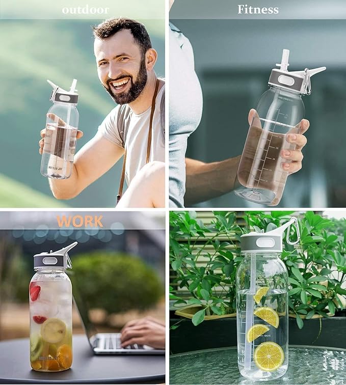 student 32oz tritan Water Bottle with Straw & Handle, BPA Free clear sports Bottle with Time Marker, Leakproof drinking water bottle, Dishwasher Safe water Jug for Gym, School,travel, Fitness Outdoor