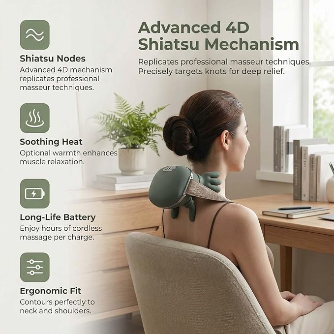 2026 Upgraded 4D Neck and Shoulder Massager, Bionic Heated Massager, Shiatsu Kneading & Fingers Traction for Deep Tissue, Wireless Portable Massager for Pain Relief and Muscle Relaxing