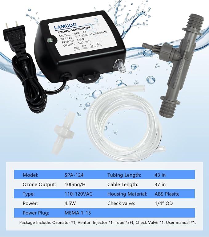 Ozone Generator for Cold Plunge with Venturi Injector, SPA-124 SPA Ozonator Kit for Hot tubs and Swim Spas, 100mg/h Mini Ozone Generator(NEMA 1-15 Plug)