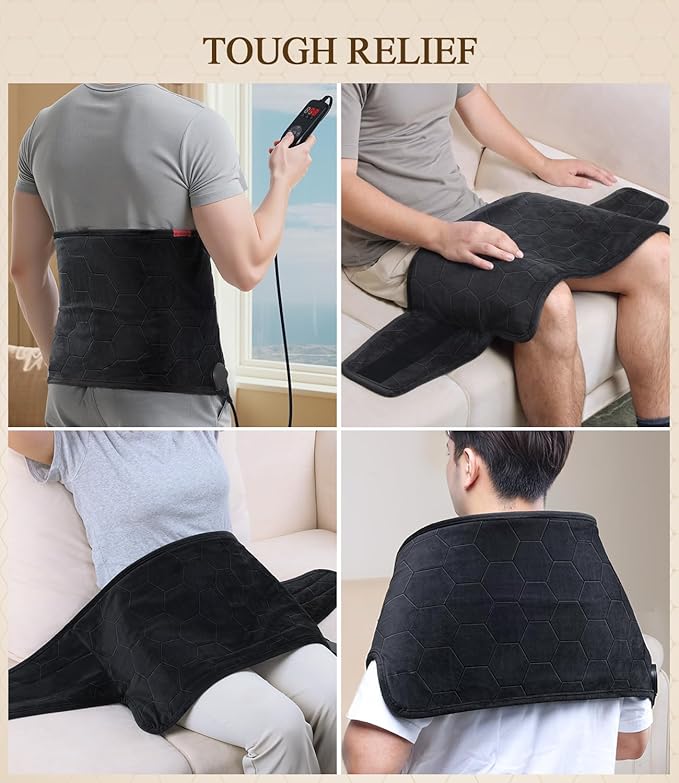 Lower Back Heating Pad: 2X Graphene Extra Hot Heating Wrap for Back Pain Relief - Max 160℉ Heat for Men Waist Deeper Relaxation After Heavy Work - 4H Auto Off 8 Heat Settings (Dark Grey)