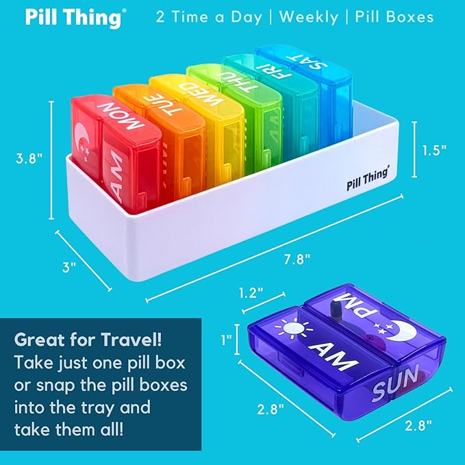Large Weekly Pill Organizer AM PM, 2 Times a Day Pill Box with Extra-Large Compartments, 7 Day Color-Coded Cases, Secure Snap-in Tray, BPA Free (2X a Day - 1 Pack)
