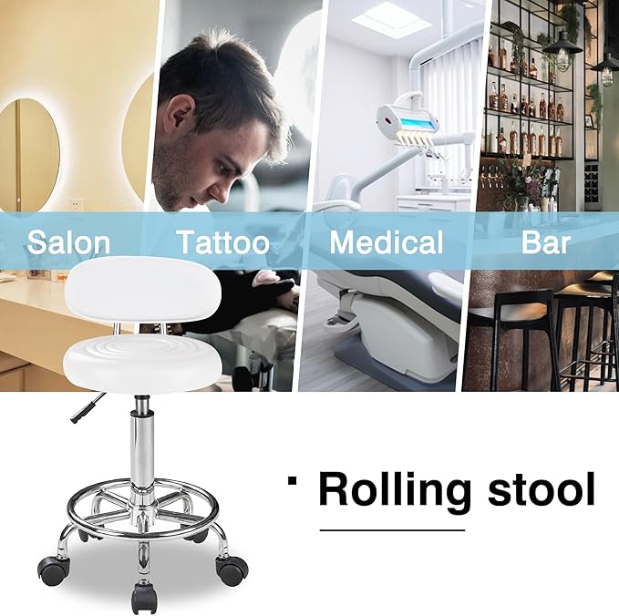 VECELO Salon Rolling Stool, Spa Chair with Backrest, Hydraulic Height Adjustable from 19.7" to 25.8" with 300 lb Capacity, for Salon, Spa, Lab (White)